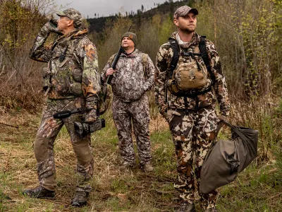 Participants in a Heroes’ Harvests hunt in Idaho stop and call to distant male turkeys, or toms, to locate them.