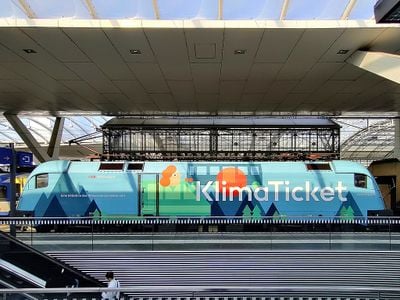 A train in Austria displays an ad for the Klimaticket.