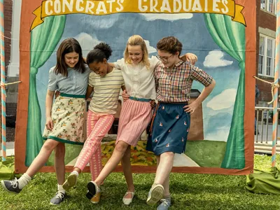 L to R: Abby Ryder Fortson, Amari Price, Elle Graham and Katherine Kupferer in the film adaptation of <em>Are You There God? It’s Me, Margaret</em>