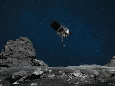 This artist's rendering shows the OSIRIS-REx spacecraft descending towards asteroid Bennu to collect a sample.